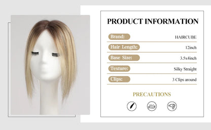 Blonde Brown Ombre Hair Topper – 100% Remy Human Hair, 12" Silk Base, 150% Density, 3-Clip Hairpiece for Women