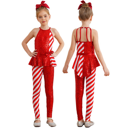 Kids Candy Cane Striped Christmas Tutu Leotard — Sequined Santa Bodysuit for Ballet & Gymnastics