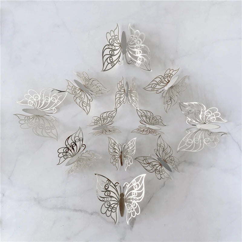 12PCS 3D Hollow Butterfly Wall Stickers – Gold, Silver & Rose Decorative Decals for Wedding, Living Room & Home Decor