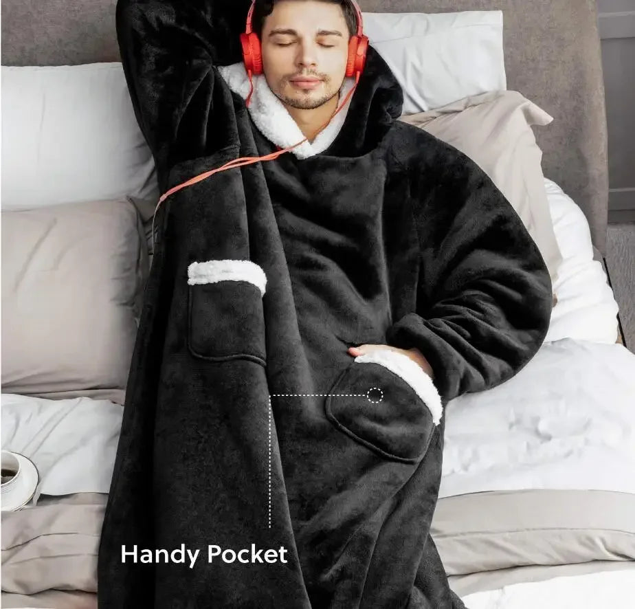 2024 Oversized Flannel Blanket Hoodie – Super Long Fleece Pullover with Sleeves for Winter