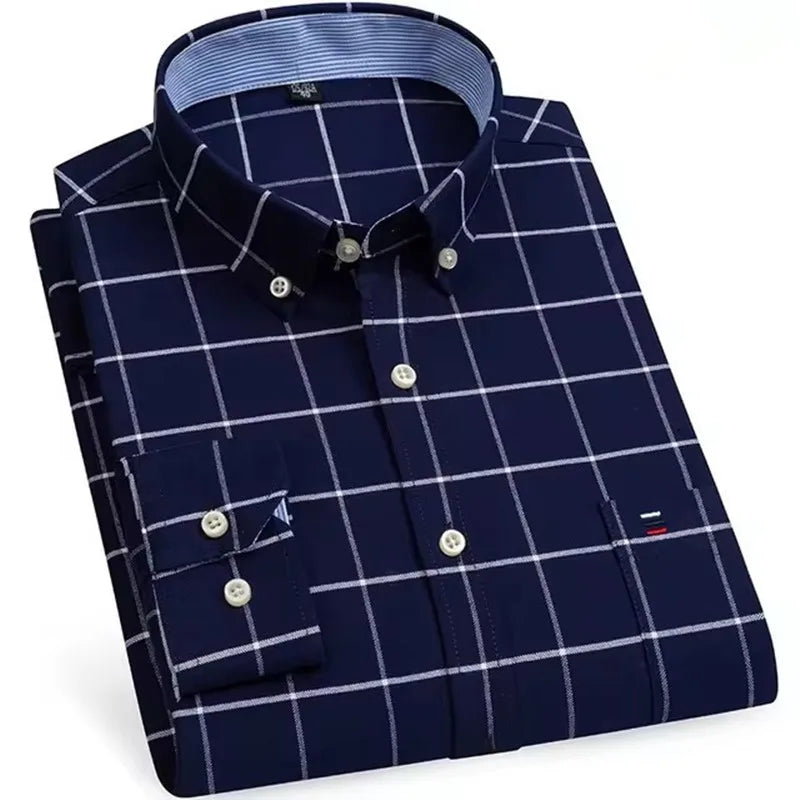 Men’s Checkered Oxford Shirt - Long Sleeve Cotton Button Down Gingham Top with Single Pocket 6XL-7XL