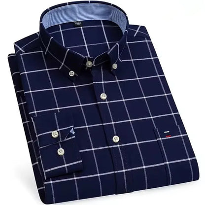 Men’s Checkered Oxford Shirt - Long Sleeve Cotton Button Down Gingham Top with Single Pocket 6XL-7XL