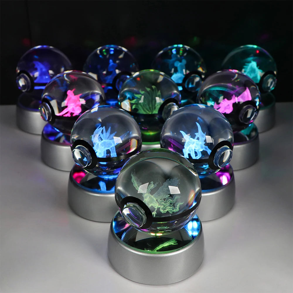 Pokemon Crystal Ball Night Light – Pikachu, Gengar, Eevee, Mewtwo & Lucario LED Pokeball, Kids Birthday Gift & Home Decor