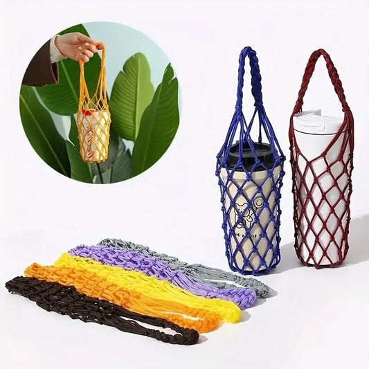 Portable Crochet Cup Holder Bag – Foldable Woven Bottle & Coffee Mug Carry Net Cover