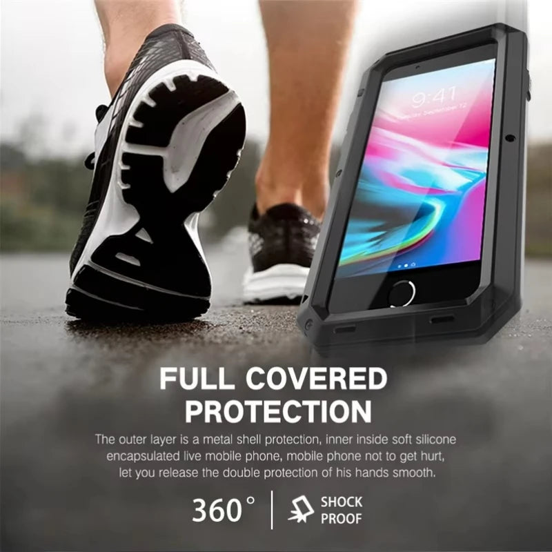 Heavy Armor Metal Rugged Case for iPhone 16/15/14/13/12/11 Pro Max/XR/XS/8 Plus – Shockproof Premium Cover with Gorilla Screen Protector