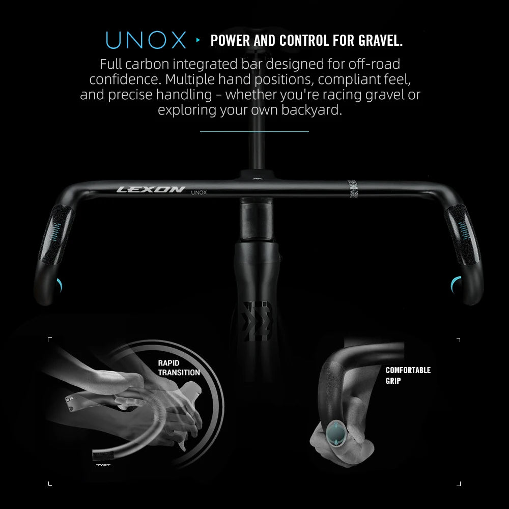 LEXON Gravel Aero Full Carbon Handlebar - Integrated Barstem with Internal Cable Routing for Road and Gravel Bikes