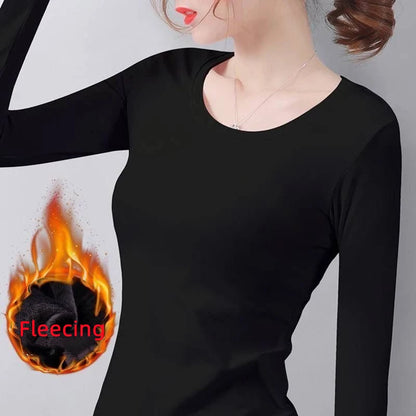 Women’s Thermal Velvet Long Sleeve Shirt - O Neck Slim Fit Cropped Bottoming Top for Winter Warmth