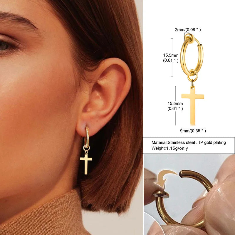 Stainless Steel Cross Charm Earrings - Men's Fashion Jewelry