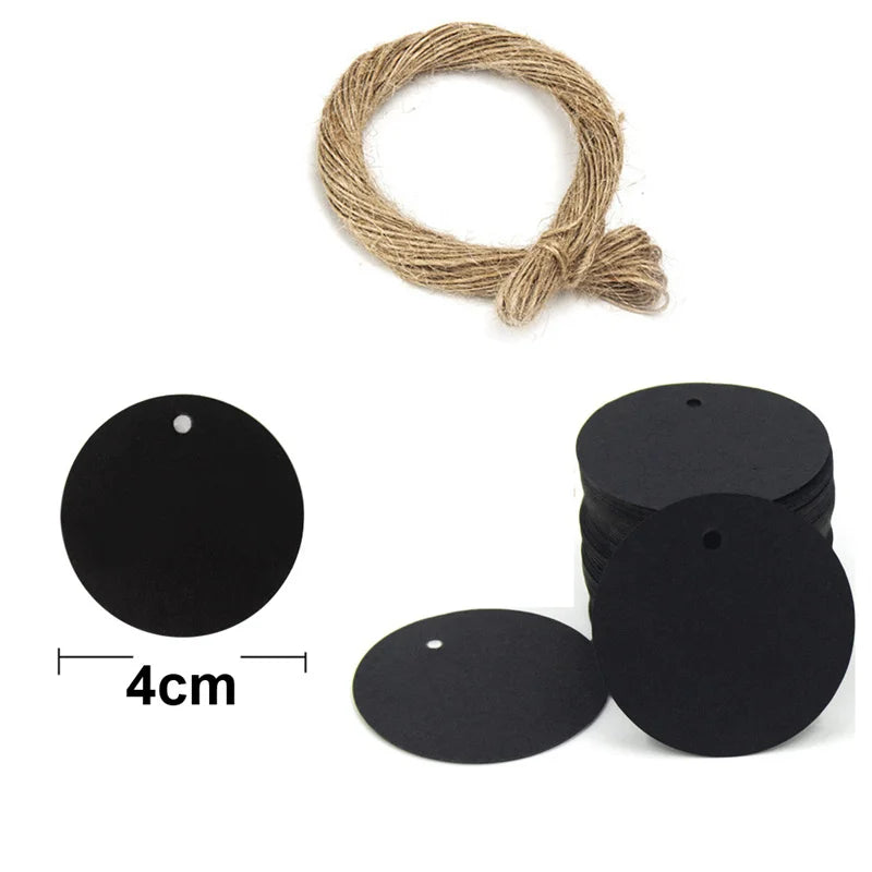 100PCS Hemp Rope & 20m Gilded Hanging Tags – Cowhide Black & White Cardboard Blank DIY Heart & Circle Labels