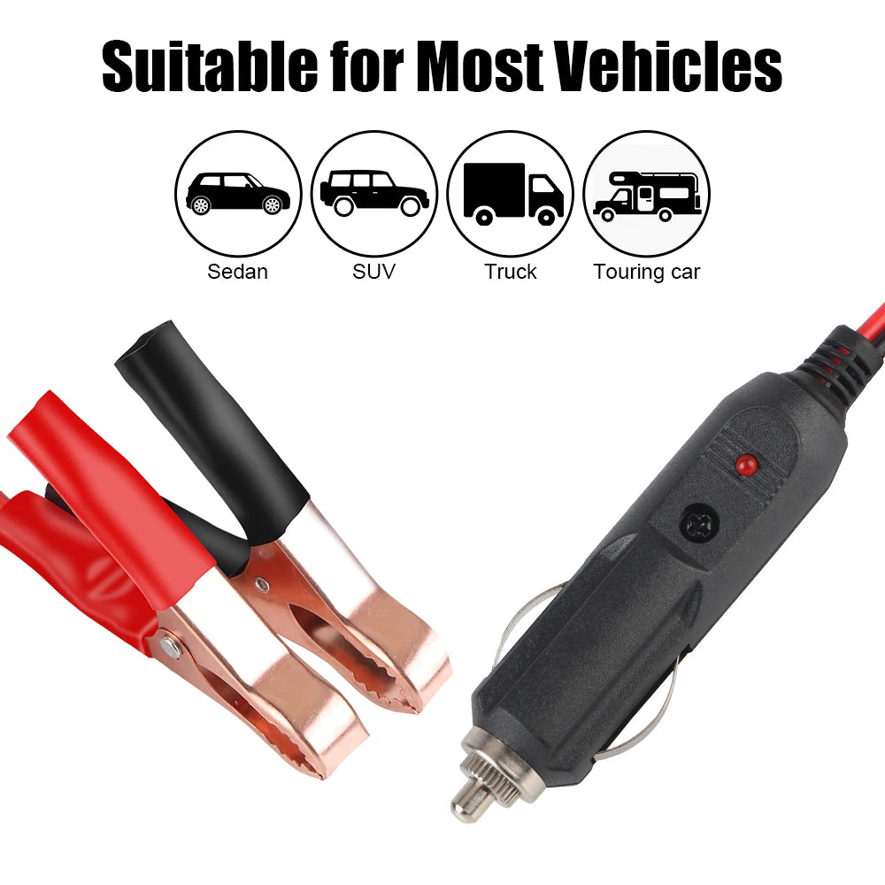 12V/24V Car Cigarette Lighter Socket Extension Cable – Crocodile Clip Power Cord with 15A Fuse & Male Plug Adapter Extender