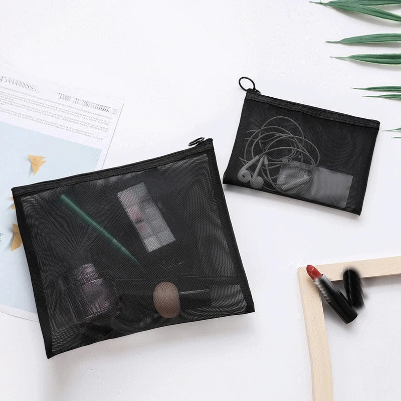 Transparent Mesh Zipper Cosmetic Bag – Fashionable Black Toiletry Organizer, Small & Large Makeup Pouch for Women