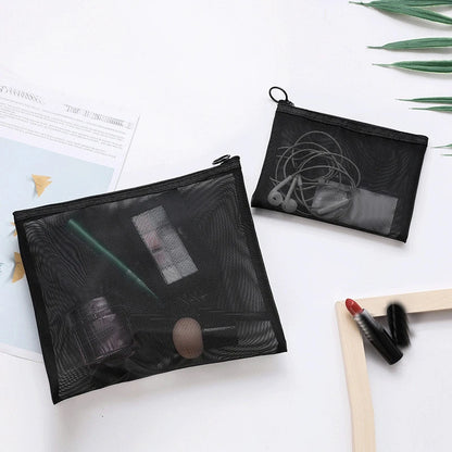 Transparent Mesh Zipper Cosmetic Bag – Fashionable Black Toiletry Organizer, Small & Large Makeup Pouch for Women