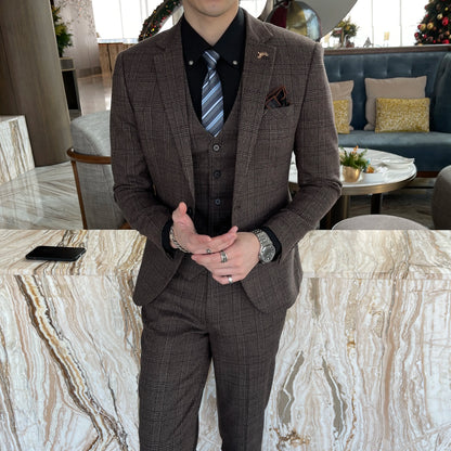 Men’s British Korean Plaid Three-Piece Suit – Stylish Business Casual Set with Blazer, Vest & Trousers