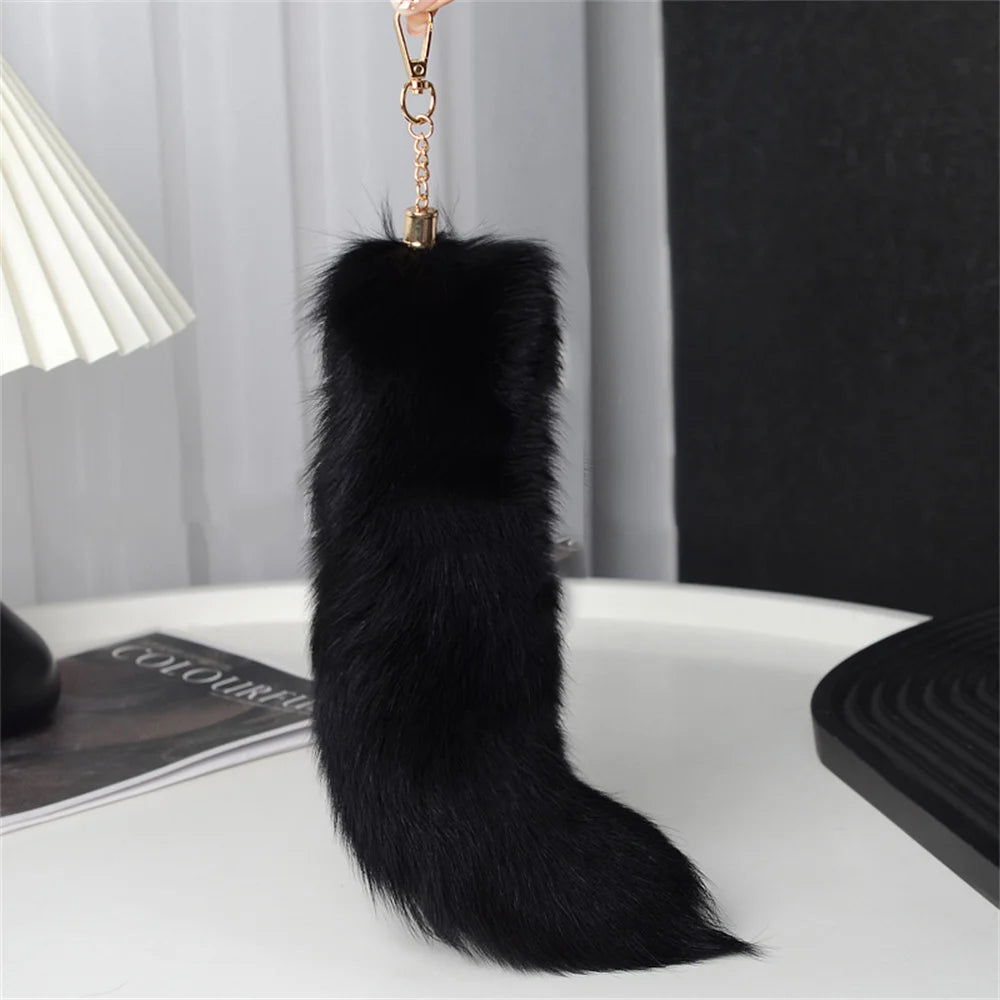 Natural Fox Fur Tail Keychain – 40cm Furry Racoon Bag Charm & Fluffy Keyring Accessory for Women