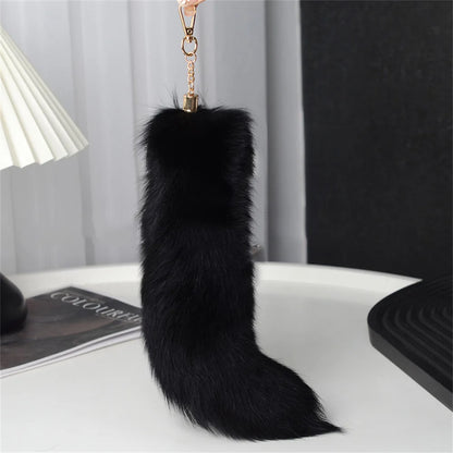 Natural Fox Fur Tail Keychain – 40cm Furry Racoon Bag Charm & Fluffy Keyring Accessory for Women