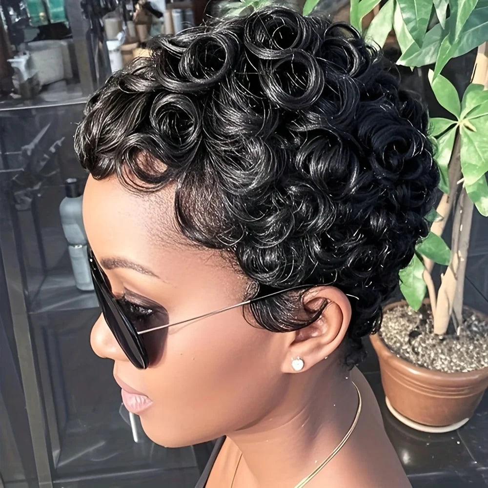 Short Layered Pixie Curly Human Hair Wig with Bangs – Glueless Full Machine Made Natural Look (4# 99J Color)