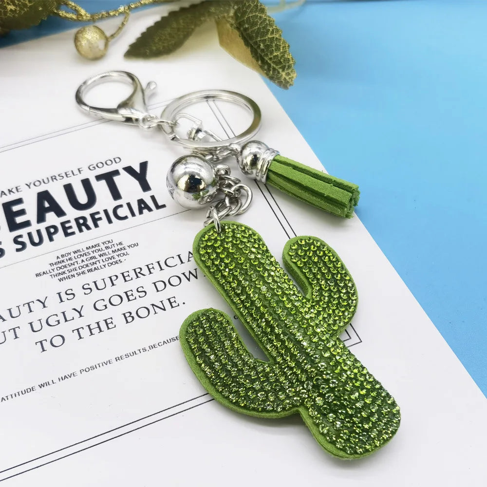 Unisex Cute Cactus Keychain Pendant – Solid Color Kawaii Plant Bag Charm with Fringe, Funny Fashion Accessory for Women & Girls