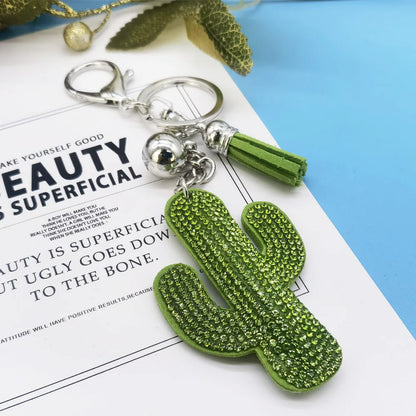 Unisex Cute Cactus Keychain Pendant – Solid Color Kawaii Plant Bag Charm with Fringe, Funny Fashion Accessory for Women & Girls