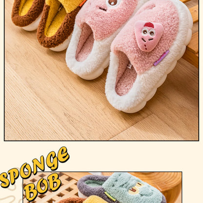 SpongeBob Suede House Slippers for Men & Women — Slip-On Fuzzy Indoor/Outdoor Shoes with Faux Fur Lining