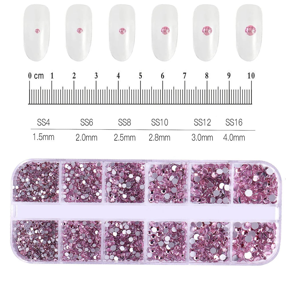 12-Grid Mixed Nail Rhinestones SS6-SS30 – Shiny Flat-Back Gems in Clear, Gold, Pink & Blue for Nail Art Decoration