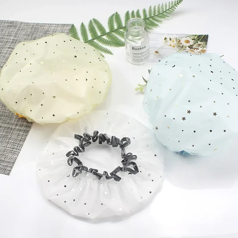 Waterproof Double-Layer Shower Cap – Starry Sky Design, Fashionable Reusable Bathing Hat, Oil-Proof Kitchen Hat