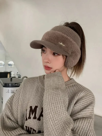 Winter Hats for Women 2023 – Fashionable Knitted Earflap Baseball Cap, Windproof Ponytail Visor for Outdoor Sports
