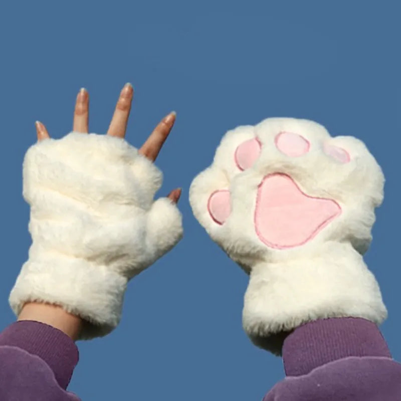 Cartoon Cute Cat Claw Paw Gloves - Women's Plush Mittens for Warmth and Style - Soft, Fingerless, Fluffy Bear Cat Costume Gloves