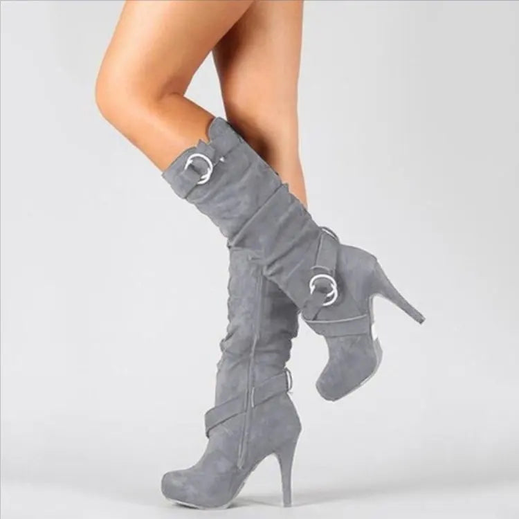 Women’s Knee-High PU Leather Boots – Thin High Heel Platform Round-Toe Fashion Shoes, Size 34-43