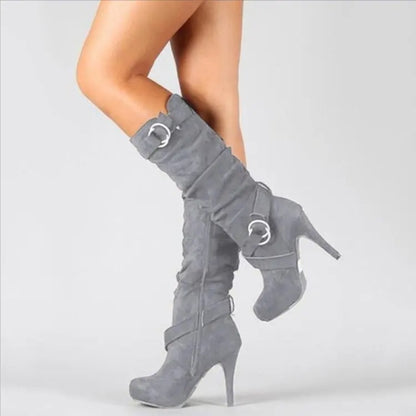 Women’s Knee-High PU Leather Boots – Thin High Heel Platform Round-Toe Fashion Shoes, Size 34-43