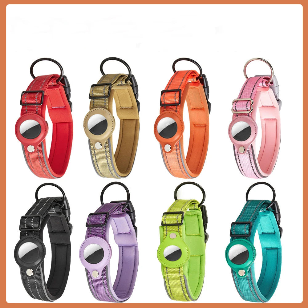 Reflective Heavy-Duty Dog Collar with Adjustable AirTag Holder — For Small, Medium & Large Dogs