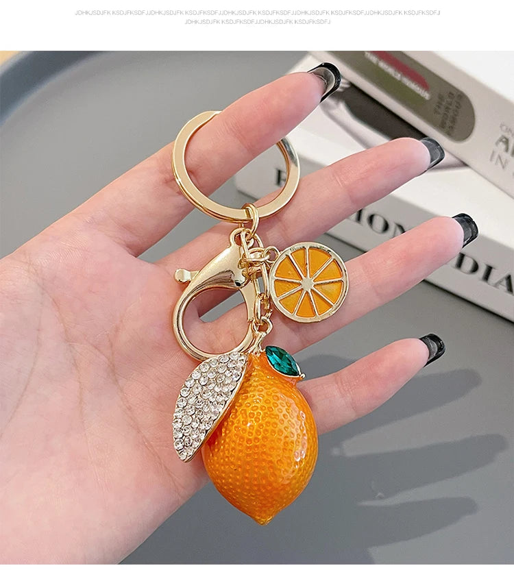 EASYA Vintage Imitation Fruit Charm Keychain – Lemon, Persimmon & Strawberry Glass Pendant, Luxury Jewelry for Women
