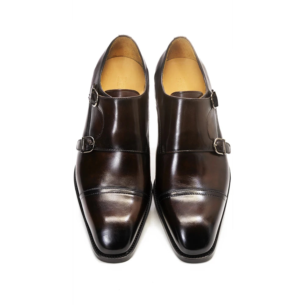 Men’s Genuine Leather Monk Strap Shoes - Double Buckle Cap Toe Formal Business Office Wedding Dress Shoes