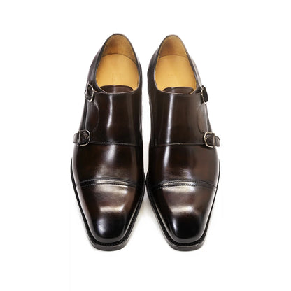 Men’s Genuine Leather Monk Strap Shoes - Double Buckle Cap Toe Formal Business Office Wedding Dress Shoes