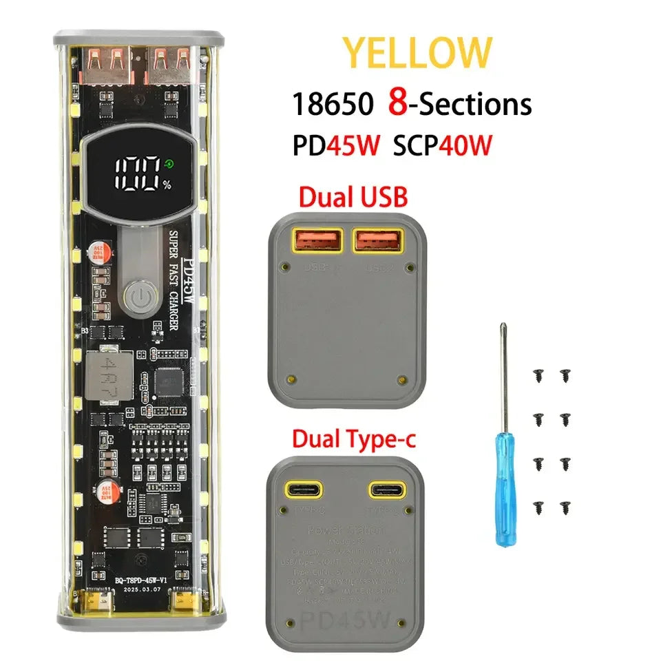 8-Cell 18650 Power Bank Battery Box - PD65W USB Type-C Fast Charging DIY Storage Case with Digital Display