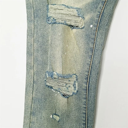 Men's Graffiti Washed Jeans - Retro Distressed Low Rise Skinny Denim Pants