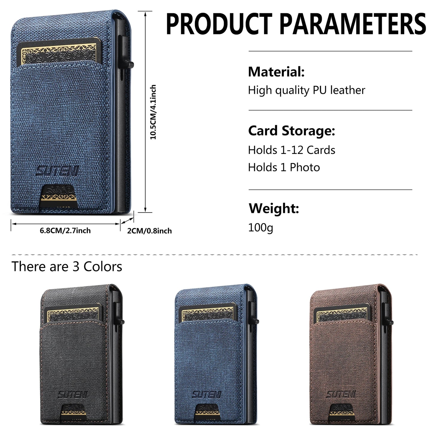 Push-Out PU Leather Card Holder Wallet – Large Capacity for 1–12 Cards & 1 Photo, Black/Brown/Blue