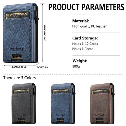 Push-Out PU Leather Card Holder Wallet – Large Capacity for 1–12 Cards & 1 Photo, Black/Brown/Blue
