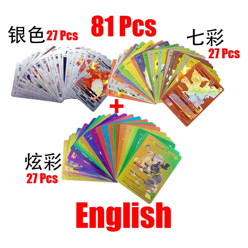 Pokemon Rainbow Gold & Silver VMAX GX Cards – Collectible Battle Trainer Cards in Spanish, English & French, Kids Toy Christmas Gift