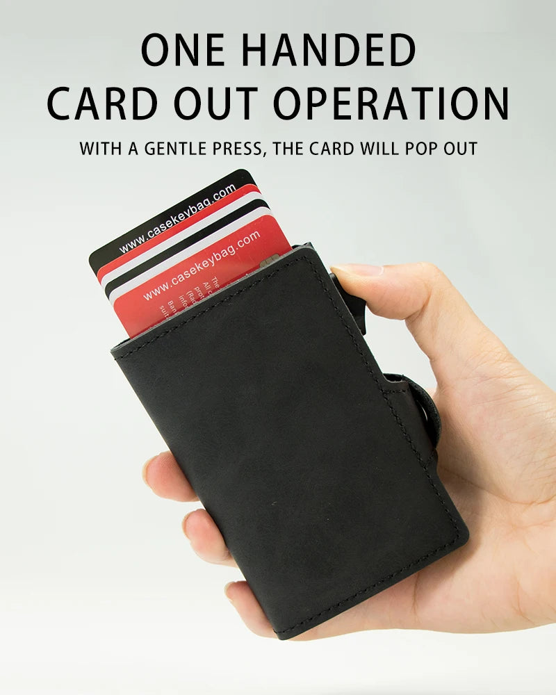 CASEKEY PU Leather Men’s Pop-Up Card Holder Wallet – Slim Minimalist Anti-RFID Smart Wallet with Money Clip & ID Window