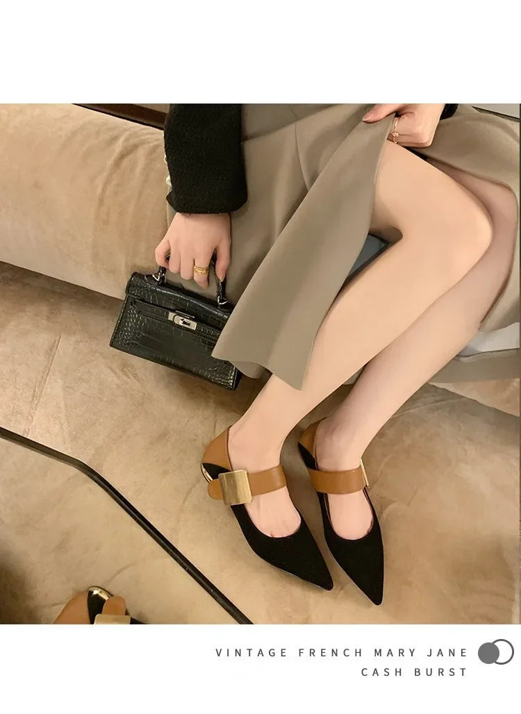2023 Spring Women’s Suede High Thick Heel Pumps – Black & Apricot Square Toe with Metal Decoration, Elegant Lady Shoes