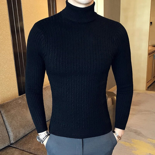 Men's Autumn Winter Turtleneck Pullover - Warm Solid Color Slim Fit Knitted Sweater and Bottoming Shirt