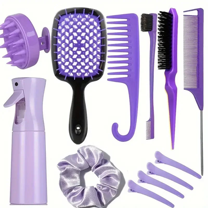12PCS Hairstyling Comb Set – Tail Comb, Hair Spray Bottle, Loop Weaving Tool, Shampoo Brush & Salon Styling Tools