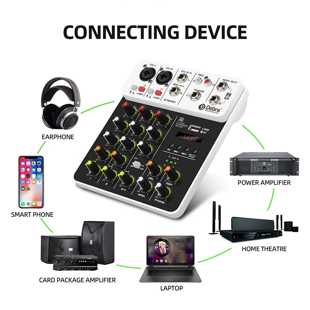 Debra V8 8-Channel Audio Mixer – Bluetooth & USB Mixer with 48V Phantom Power, Delay/Repeat Effects for PC Recording & Sound Console