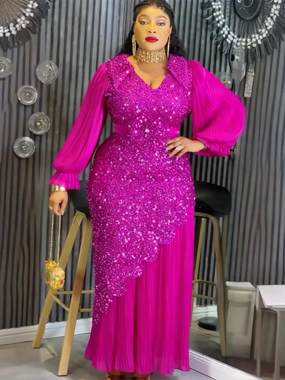 Elegant African Dresses for Women - Plus Size Sequin Dashiki Ankara Maxi Evening Party Dress