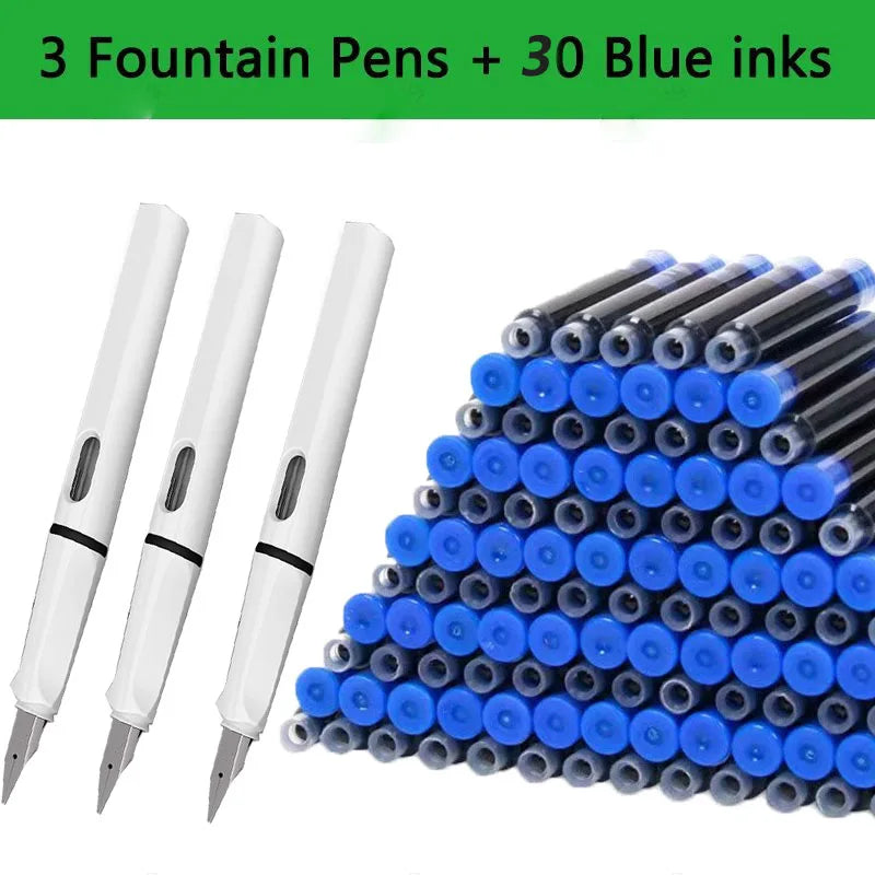 33PCS Kawaii Fountain Pen & Ink Set - Black Blue Red EF 0.38mm Replaceable Ink Pens for School Office Writing Supplies