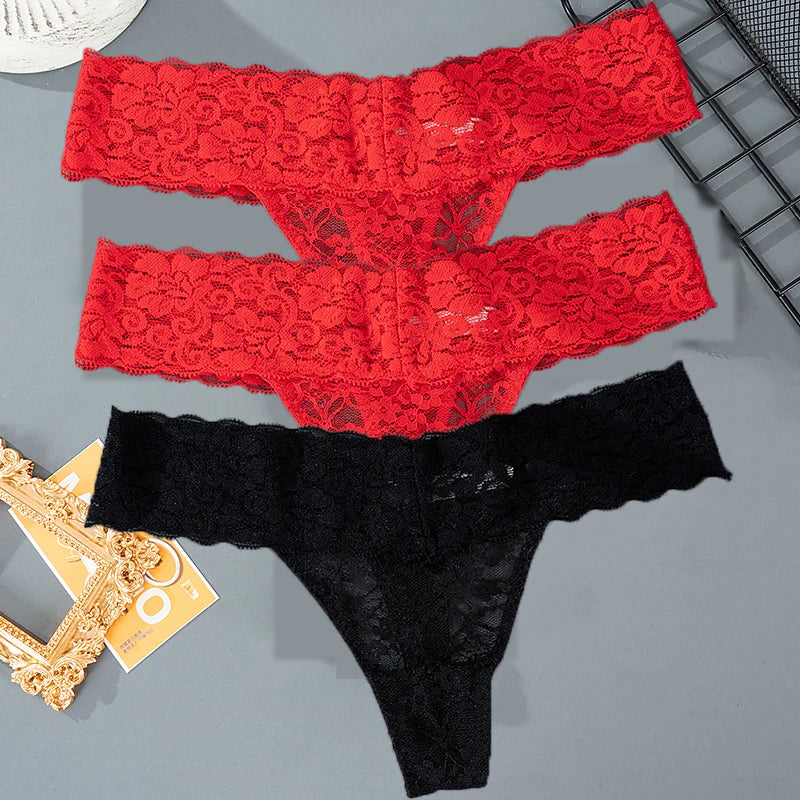 3PCS Lace Floral Women’s Panties - Low Waist Breathable Briefs & Thong, Sexy G-String Transparent Underwear (M-2XL)