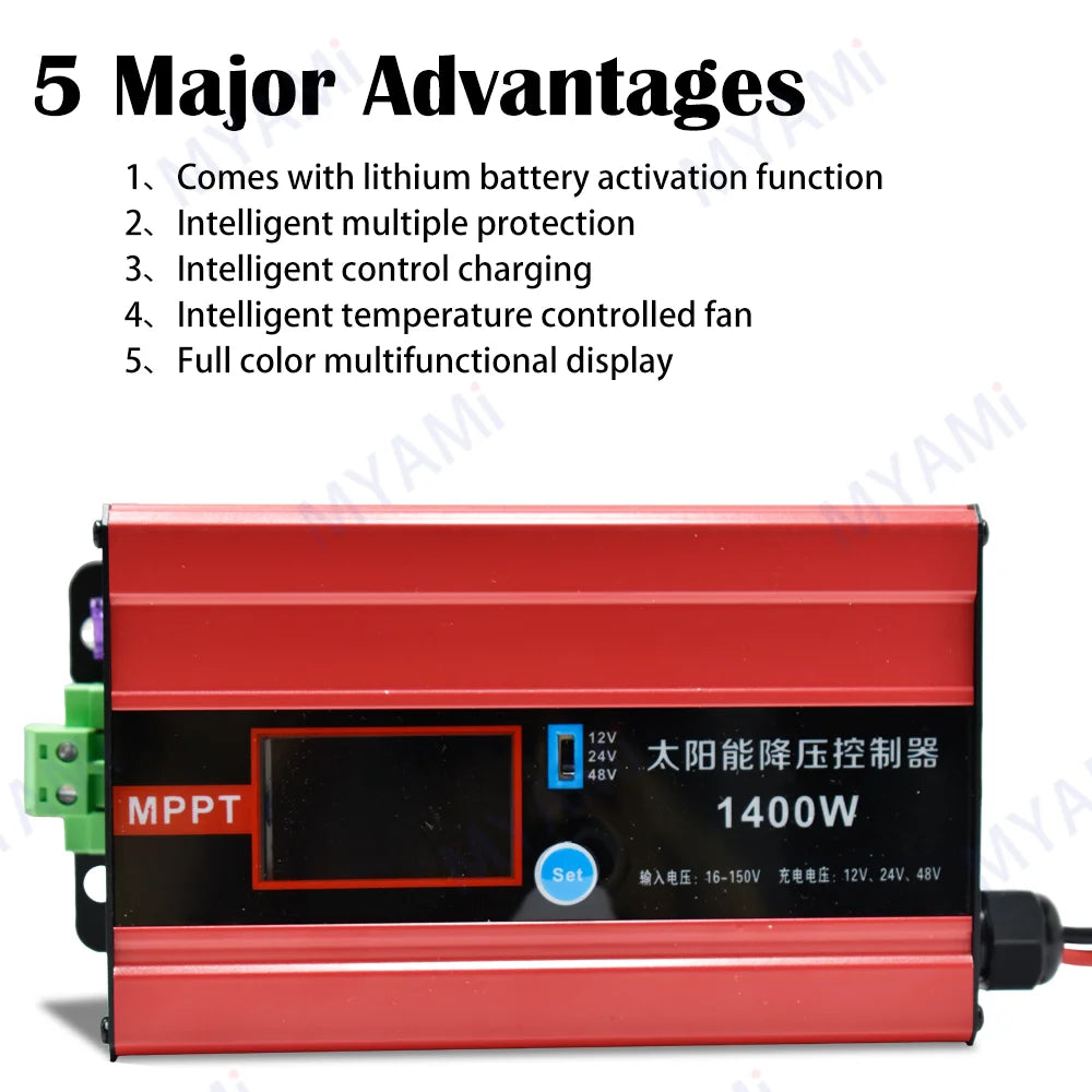 MYAMi 1400W Solar Charge Controller – Auto 12V/24V/48V 25A High Input Voltage Regulator for Off-Grid Solar Systems