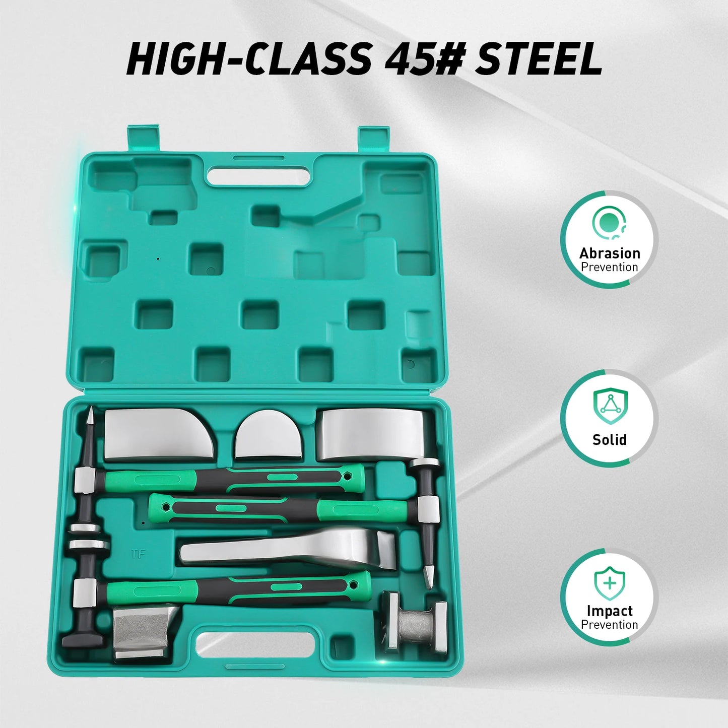 9PCS Car Dent Repair Tool Kit – 45# Steel Hammer & Lining Irons Set for Auto Body Repair, Motorcycle & Sheet Metal Fixing