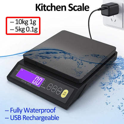5kg/0.1g and 10kg/1g Digital Electronic Kitchen Scale, LCD Display, Fully Waterproof Stainless Steel Weighing Tool for Baking