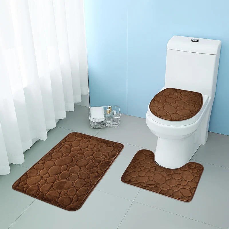 Solid Color Bathroom Floor Mat Set – Water-Absorbing, Non-Slip Stone Pattern, Comfortable & Soft 3-Piece Set